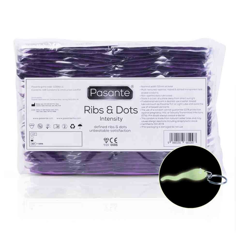Pasante Ribs & Dots Intensity Condoms Pack of 144 | Ribbed Dotted | Ce Kitemark | Sperm Key Chain