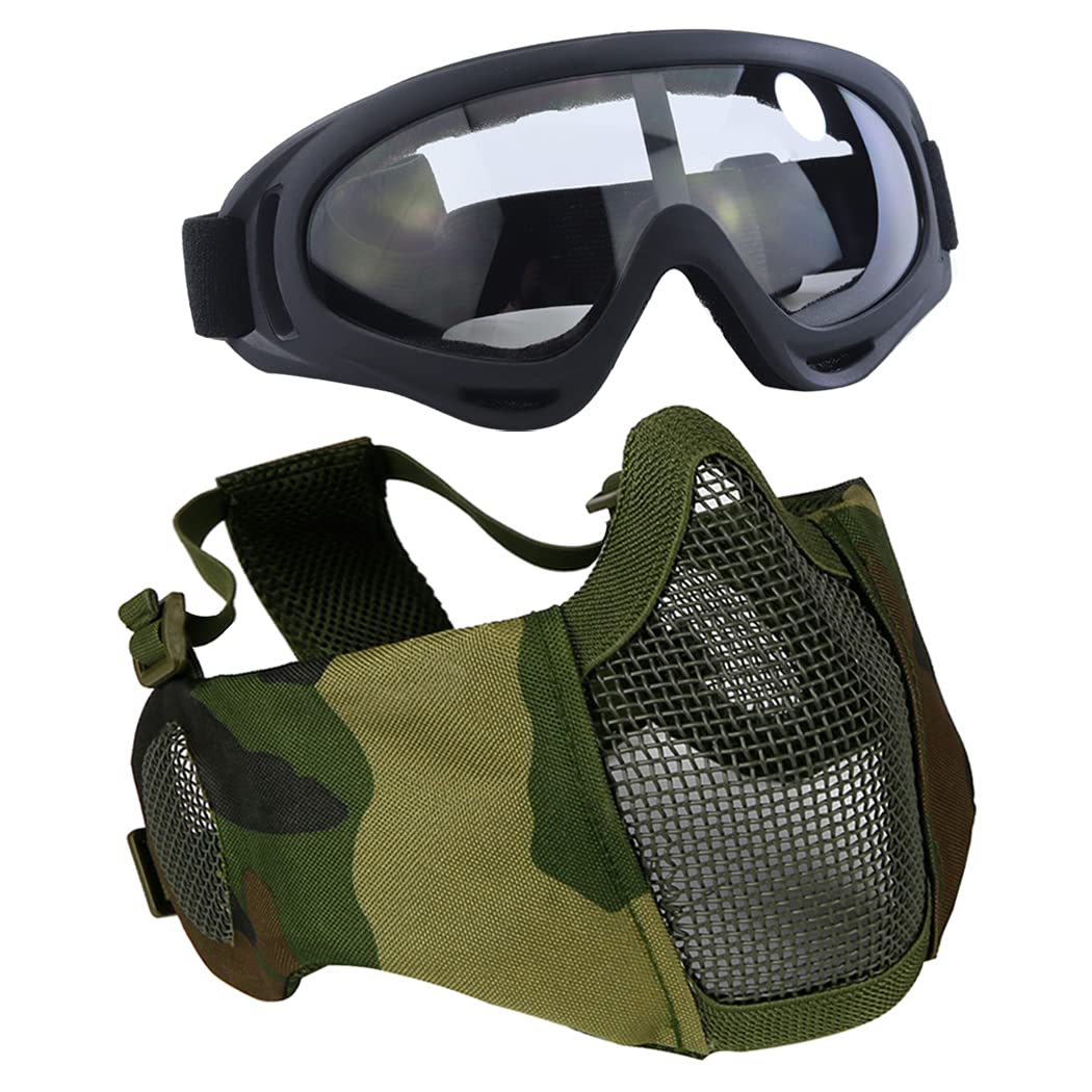 AOUTACC Airsoft Protective Gear Set, Half Face Mesh Masks with Ear Protection and Goggles Set for CS/Hunting/Paintball/Shooting (Camo)