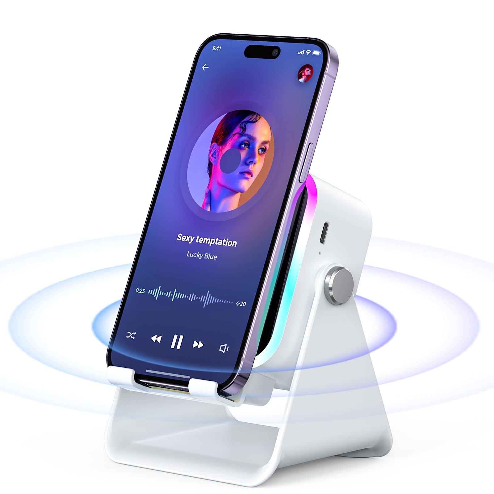 Photo 1 of Induction Speaker with Phone Stand 5 in1 Wireless Induction Bluetooth Audio for iPhone Android Phone Speakers Amplifier with Rechargeable Colorful Light, Birthday Gifts for Men Women Teens (White)