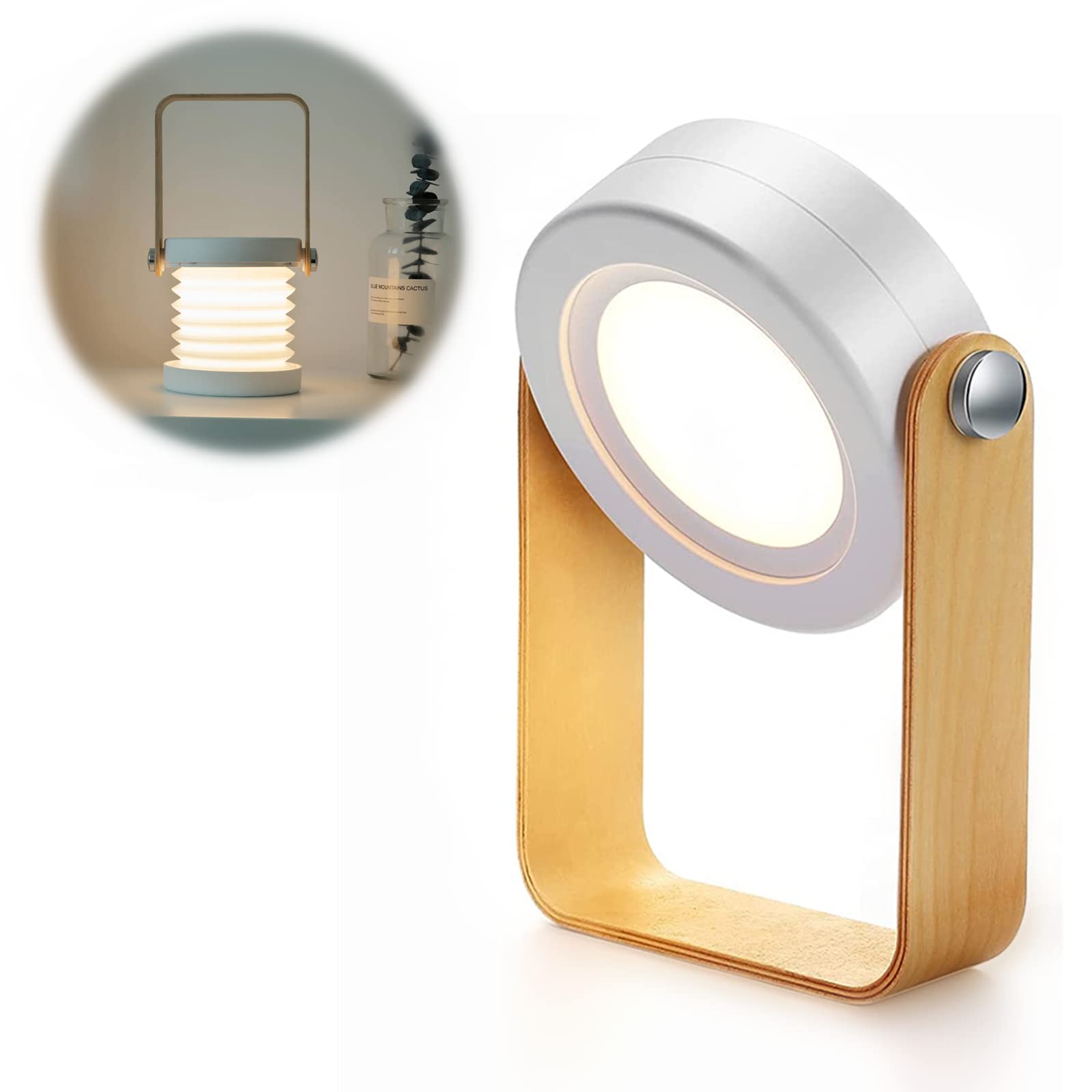 ALLOMN Folding Table Lamp, Multifunctional Folding Reading Light Portable Telescopic Night Light LED Lantern Lamp with 3-Levels Dimmable Brightness, USB Charging and Wooden Handle