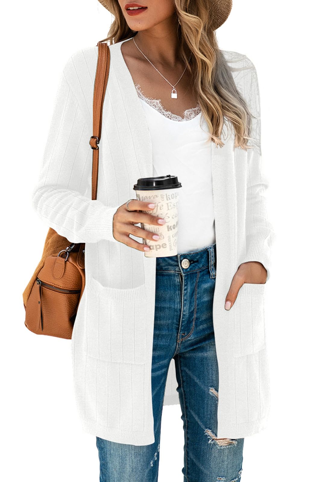 TASAMO Women's Long Sleeve Soft Sweater Open Front Cardigan Outwear with Pockets (Medium,Thread Knitted- White) Image
