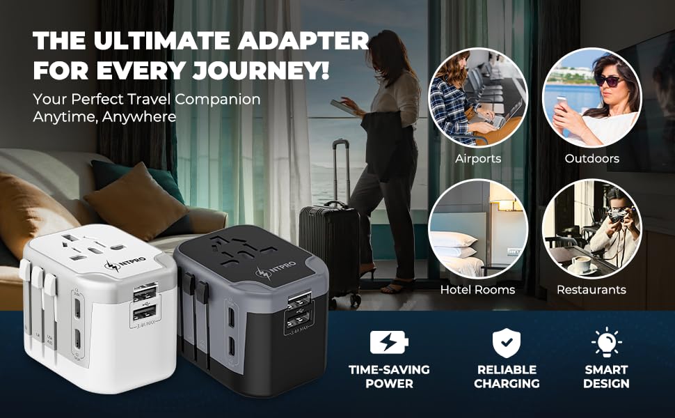 NTPRO Universal Travel Adapter-10A International Travel Adapter with 2 USB-C, 2 USB-A Ports (5-in-1), 5V-3.4A Fast Charging, Worldwide Plug Adapter for USA EU UK AUS, 2400W Max, Covers 200+ Countries