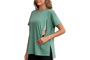 Ecavus Women's Oversized Nursing Shirts for Breastfeeding with Hidden Zipper Short Sleeves Side Splits Maternity Tops