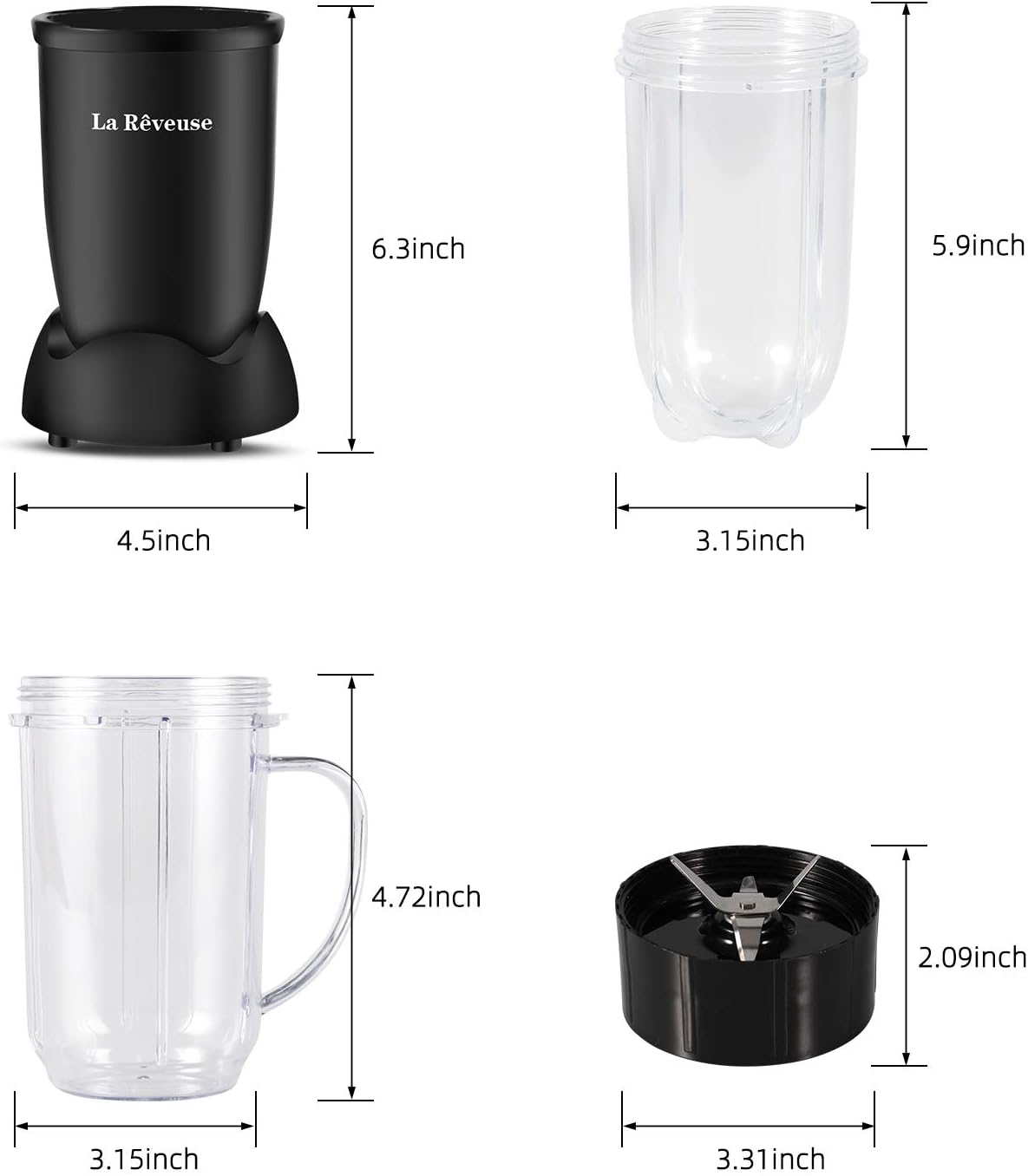 La Reveuse Personal Size Blender 250 Watts Power for Shakes Smoothies Seasonings Sauces with 2 Pieces 16 oz Mug -Black: Kitchen & Dining