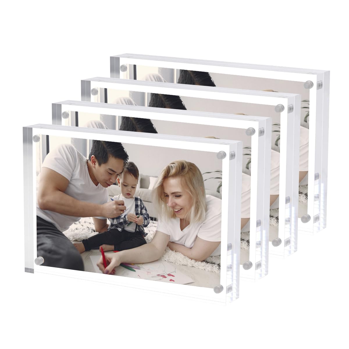 Photo 1 of Hexsonhoma 4 Pack Acrylic Picture Frames 5x7 Free Standing, Clear Crystal Double Side Magnetic Picture Frame, Office Desktop Lucite Photo Frame for Booth Display, Brand Advertiser