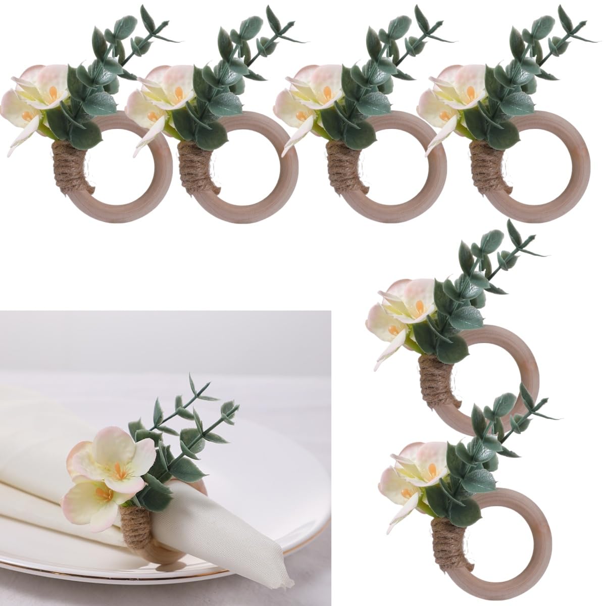Photo 1 of Napkin Rings, Napkin Holder Ring, Wood Bead Napkin Ring Holder, Boho Green Leaf Napkin Rings for Easter Thanksgiving Xmas Anniversary Dinners Wedding Party Table Decoration (Pink, 6PCS)