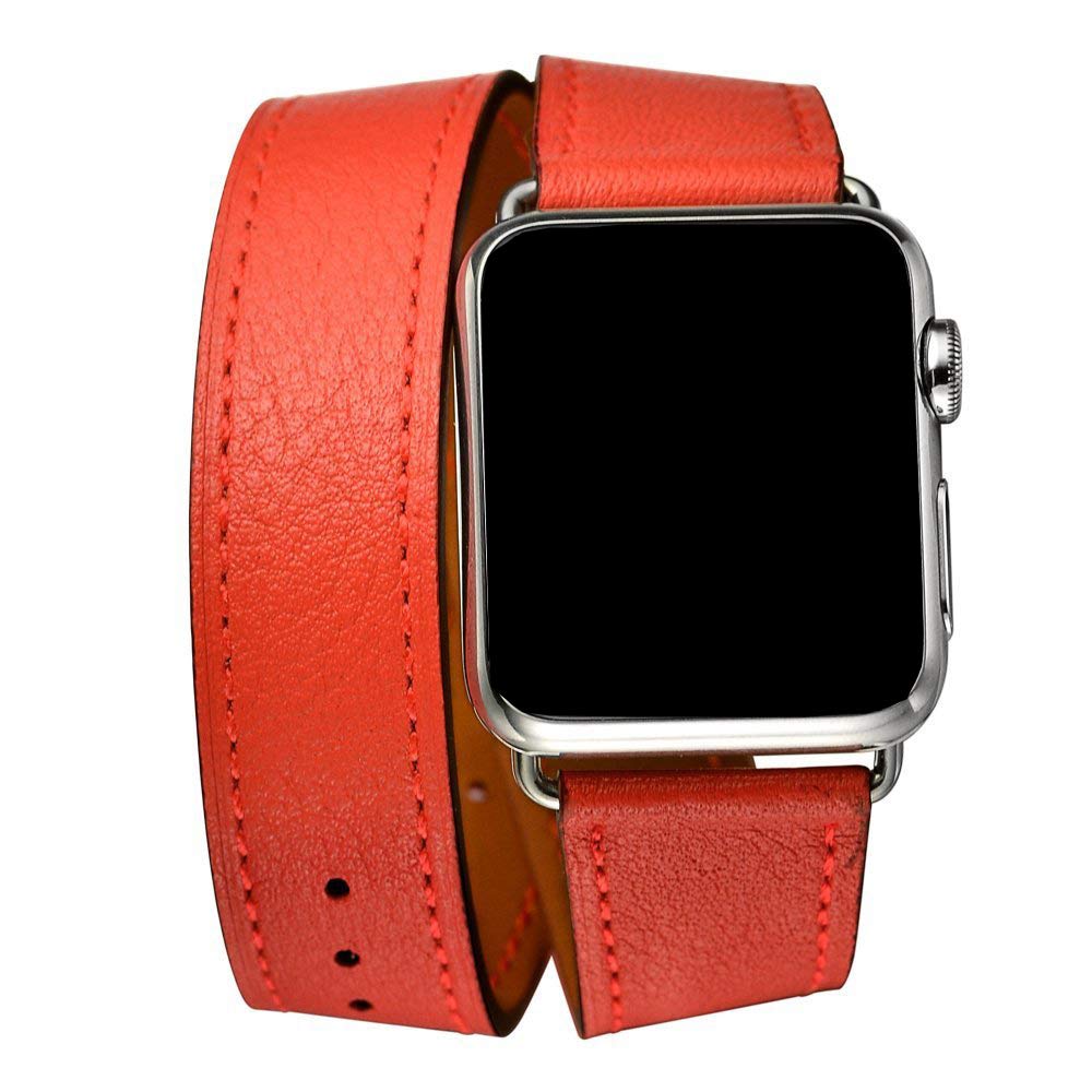 Fsavlroy Leather Strap,Compatible with Apple Watch Band 44mm 45mm 46mm 49mm,Genuine Leather Wristband for iwatch Series 11 10 9 8 7 6 5 4 SE(Double Tour-Red)