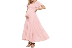 GURUIXU Swiss Dot Smocked Maternity Dress for Baby Shower Photoshoot Casual V Neck Ruffle Sleeve Empire Waist Tiered Boho Dress