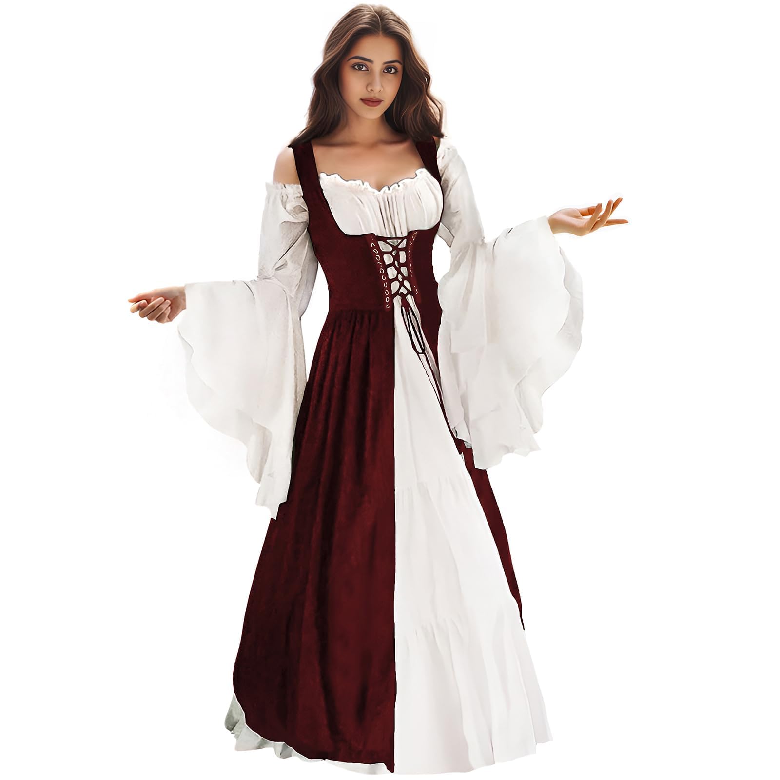 Photo 1 of WYZJL Renaissance Dress Women Medieval Dress Ren Faire Costume Renaissance Overdress Outfit Irish Dress Halloween Costume, Burgundy L/XL