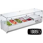 VEVOR Condiment Prep Rail Station, 140 W Countertop Refrigerated Condiment Station, with 3 1/3 4 1/6 Pans, 304 Stainless Body and PC Lid, Sandwich Prep Table with Glass Guard, ETL, Silver
