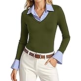 Tankaneo Womens Long Sleeve Polo Shirts Business Casual Work Tops Slim Fit V Neck Collared Patchwork Fall Outfits