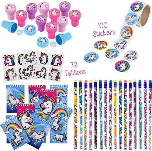 Rainbow Unicorn Party Favors | Supplies for Girls and Boys | Birthday Pack for 12 Kids | Pencils, Notepads, Stampers, 100 Stickers, 72 Tattoos | Magical, Blue Mystical, Fantasy Themed Bday Decorations
