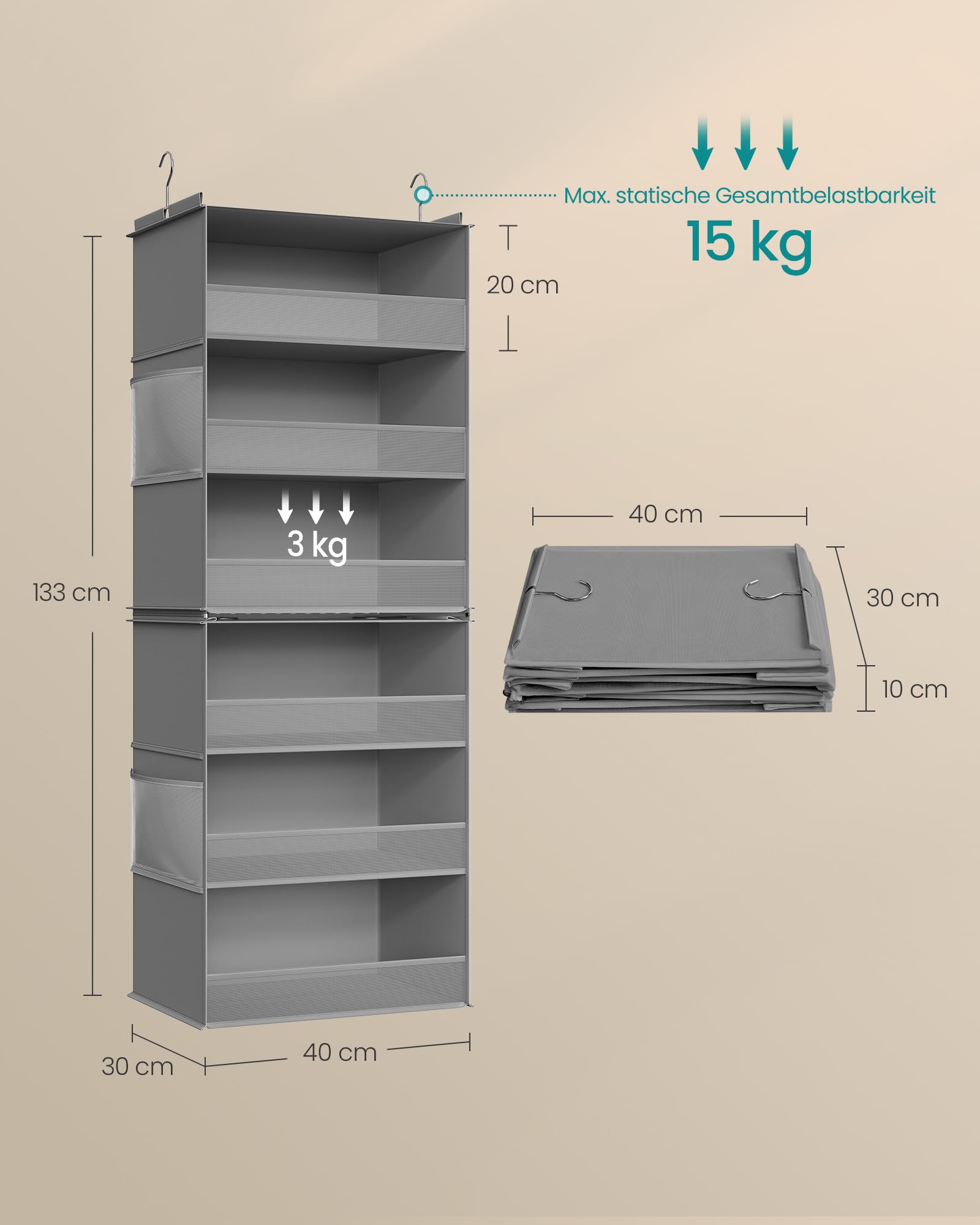 SONGMICS Hängeorganizer, Schrank-Organizer, Hängeregal aufteilbar, Hängeaufbewahrung, faltbar und platzsparend, Metallhaken und Bambus-Einsätze, Taubengrau RCH007G01 5