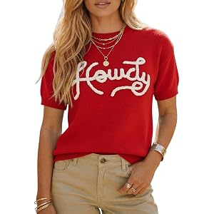 KevaMolly Women's Short Sleeve Sweater 2026 Summer Howdy Embroidered Letter Print Casual Western Graphic Knit Sweater Tops