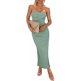 PRETTYGARDEN Women's Summer Bodycon Maxi Tube Dress Ribbed Strapless Side Slit Long Going Out Casual Elegant Party Dresses