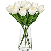 Arborus Fake Tulips Artificial Tulip Flowers in Glass Vase with Faux Water, 14.2" Real Touch White Tulip Flowers Spring Décor for Table Centerpiece Home Farmhouse Resto Wedding Decoration