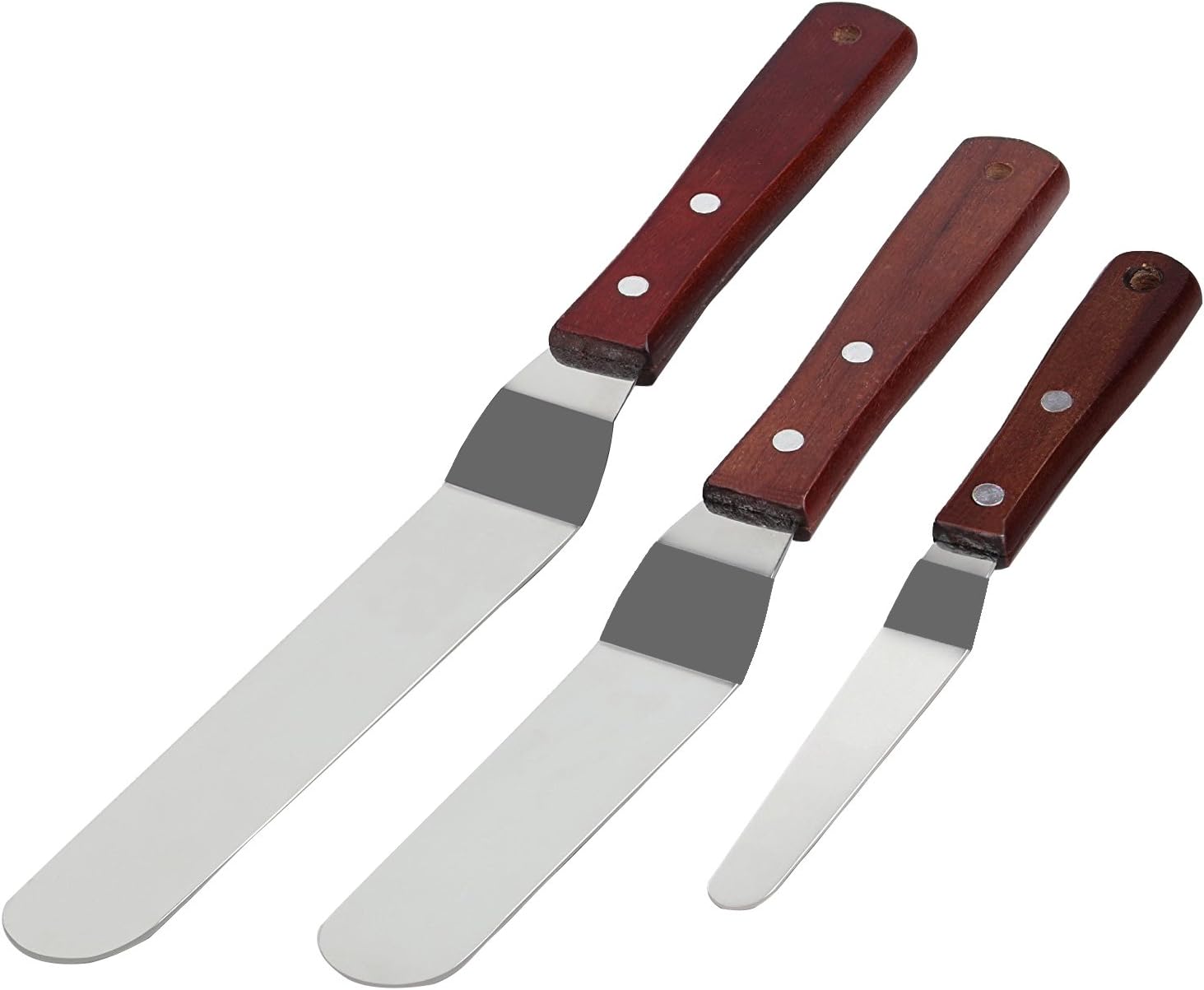 Offset Cake Icing Spatula Set of 3 Professional Stainless Steel Cake Decorating Frosting Spatulas (4"-6"-8" Flexible Resistant Blade) Angled with Wooden Handle for Easy Grip