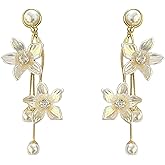 Solighter Pearl Rhinestone Flower Tassel Stud Earrings for Women Vintage Floral Dangling Drop Earrings Bridal Party Wedding Jewelry