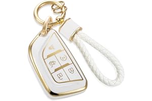 CTRINEWS for Cadillac Key Fob Cover with Metal Braided Rope Keychain, Upgraded Soft Case for 2020-Up CT4 CT5 CT6 XTS XT4 XT5 ATS etc.(5 Buttons) Fob Shell (Gold Edge, B1)