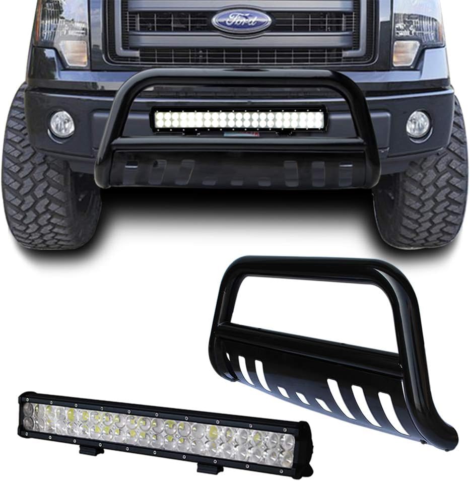 tuokiy Black Bull Bar Bumper Grille Guard for 04-14 Ford F150/03-15 Ford Expedition + 4D Lens 20inch 126W Led Light Bar +Free Wiring Harness