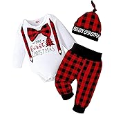 Aenbilo My 1st Christmas Oufit Christmas Baby Boy Outfit Baby Boy Clothes Infant Romper Red Plaid Pants Hat 3Pcs 0-18 Months