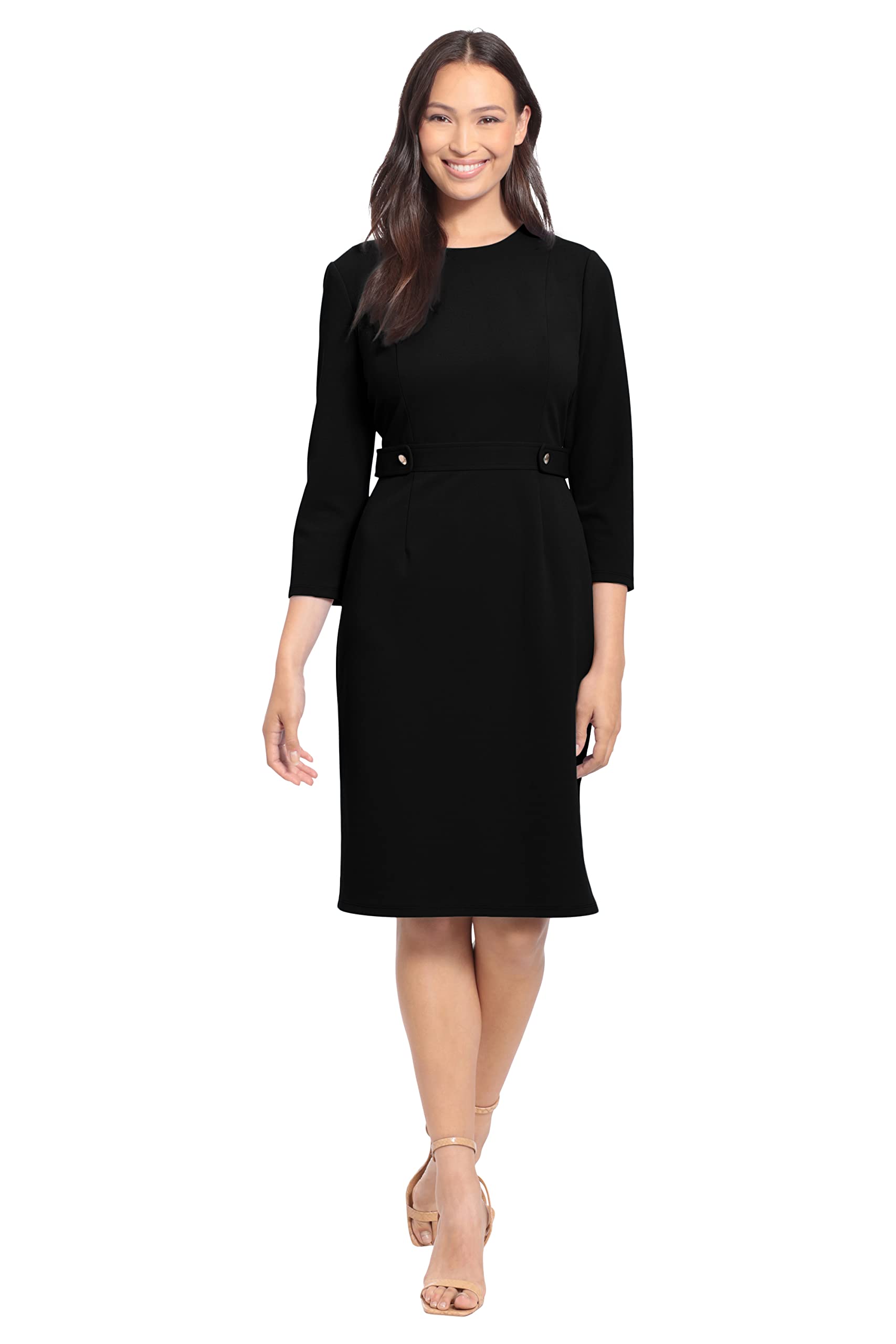London Times Women’s Dresses Work Office Business Sheath Dress with Button Waist Detail, Black, 2