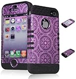 Bastex Heavy Duty Hybrid Case for iPhone 4, 4s, 4th Generation - Black Silicone / Purple Swirls & Circles Antique Design Hard Shell