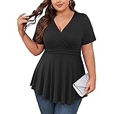 ForHailey Women's Plus Size Tops Elegant Work Business Short Sleeve Empire Waist Blouses Tunics Babydoll Flowy Shirt