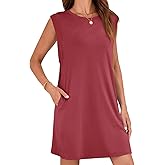 Wenrine Womens Summer Mini Dress Casual Loose Sleeveless Crewneck Slit Basic T Shirt Dresses with Pockets