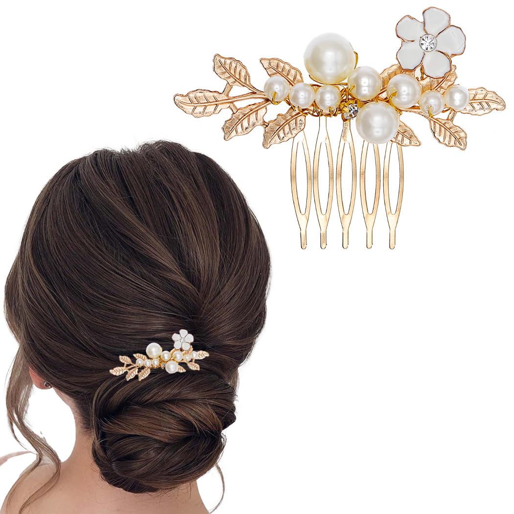 Flayem Wedding Hair Side Comb Bridal Pearls Headpieces Flower Leaf Hair Comb Bride Bridesmaid Hair Accessories for Women and Girls (Gold)