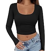 Buauty Women's Long Sleeve Square Neck Crop Tops, Ribbed Knit Slim Fitted Casual Basic Y2K Crop Top Tee Blouse Retro