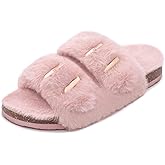 Rainlin Women's Fuzzy Slippers Comfy Cork Footbed Fluffy Slides Open Toe Indoor Outdoor House Shoes with Arch Support Pink Size 8