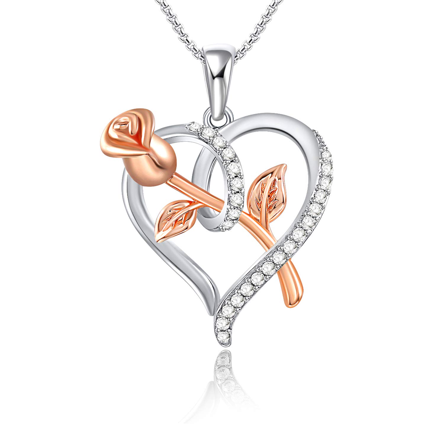 SNZM Love Heart Neckalces for Women, Rose Necklace Valentines Gifts for Her, Flower Crystal Necklaces Jewellery Anniversary Birthday Gift for Her Girlfriend Wife Mum (Heart Rose)