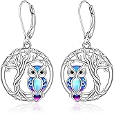 Tree of Life Owl Earrings for Women Sterling Silver Owl Dangle Earrings Moonstone Family Tree Jewelry Leverback Graduation Gifts
