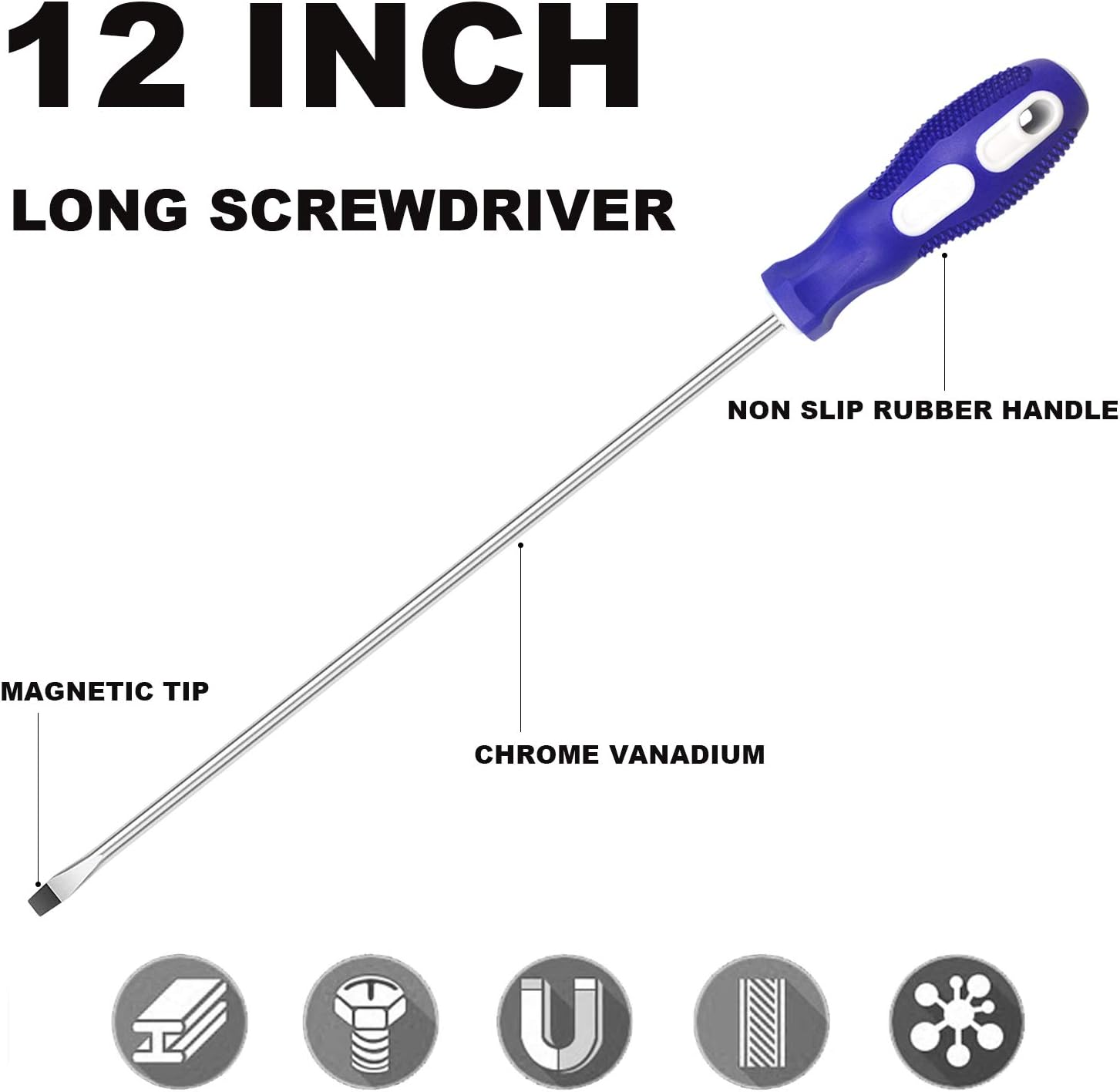 Slotted and Phillips Screwdriver, PH2 12" Long Cross-head Screwdriver & Flat Blade Screwdriver, 2 Packs Magnetic Screwdriver with Rubber Handle - - 