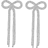 Long Bow Earrings for Women Silver and Gold Bow Earrings for Women Rhinestone Long Tassel Earrings Ribbon Fringe Waterfall Dangling Wedding Prom Fashion Jewelry