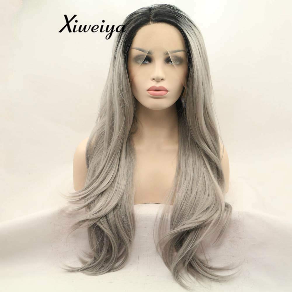 Xiweiya Black/Silver Grey Ombre Natural Straight Synthetic Lace Front Wigs Premium Grey Straight Wig With Dark Roots Heat Resistant Fiber Hair For Women Middle Part