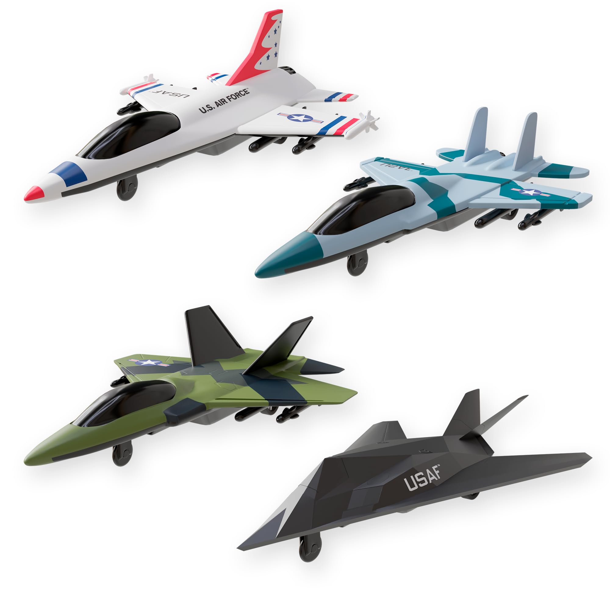 Photo 1 of United Sates Air Force 4-Pack Toy Jet Squadron Die Cast Airplanes, Pull Back Military Fighter Jets, Diecast Air Plane Models