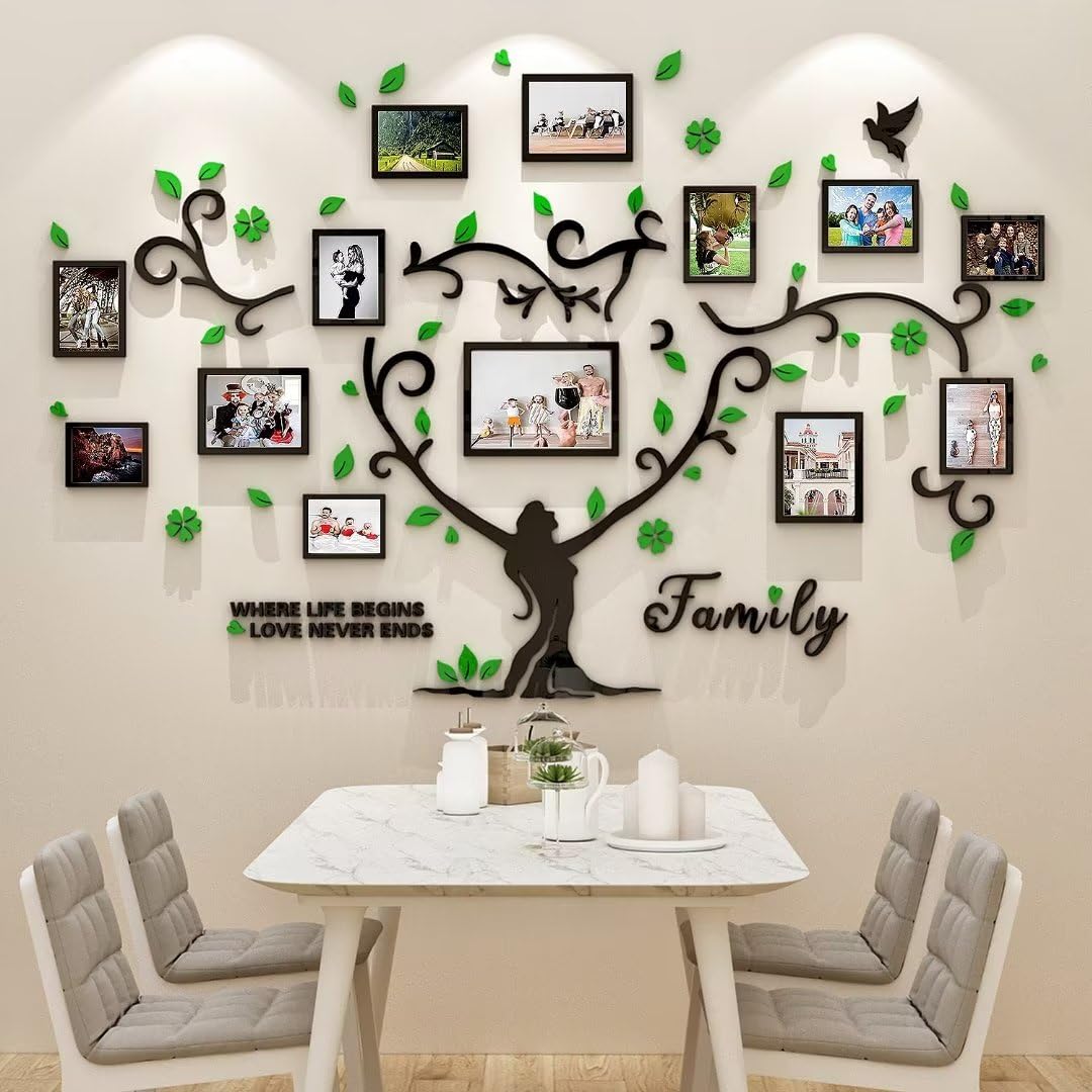 Wall Sticker Tree Family - 3D DIY Tree Wall Stickers 15x20 13x18 10x15 a4 Wall Decoration Wall Sticker Tree for Living Room Bedroom Sofa with Picture Frame Photo Wall Decor (Green, 210 * 137cm
