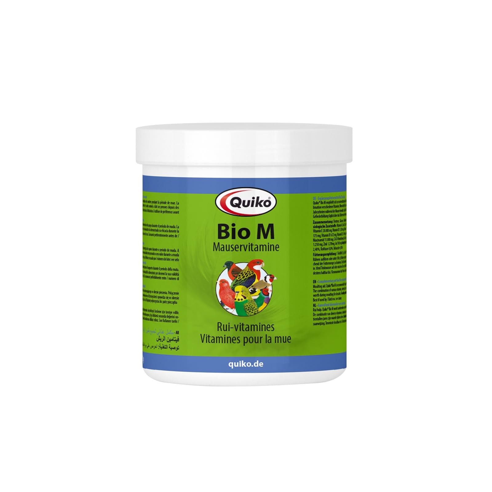 Quiko Bio-M Moult Vitamin 375 g - Highly concentrated vitamin combination - supports uncomplicated moulting, influences the skin-feather factor - optimal feather development