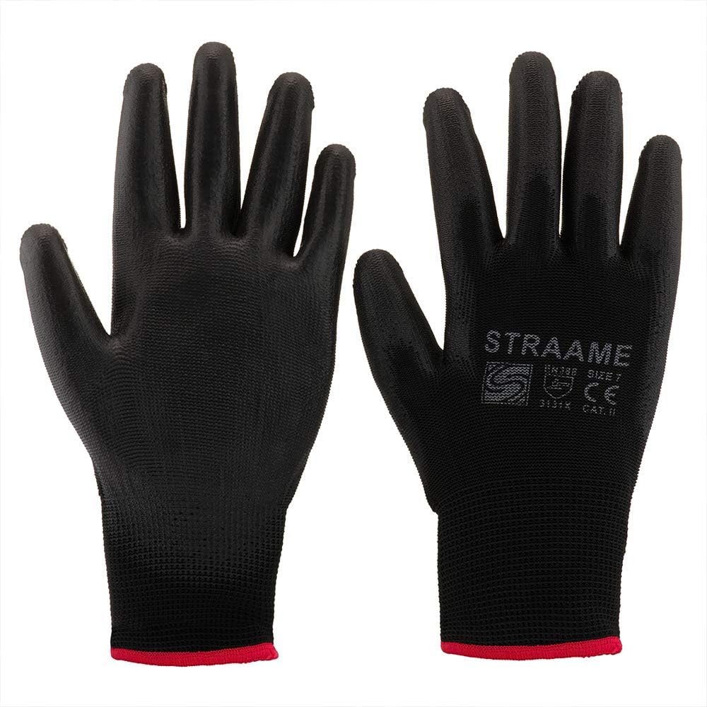 Straame Black Safety Work Gloves Pack 12 L PU Nylon Non-Slip Dexterity