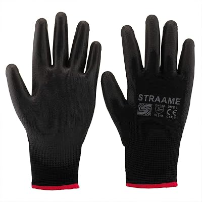 Straame Black Safety Work Gloves Pack 12 L PU Nylon Non-Slip Dexterity