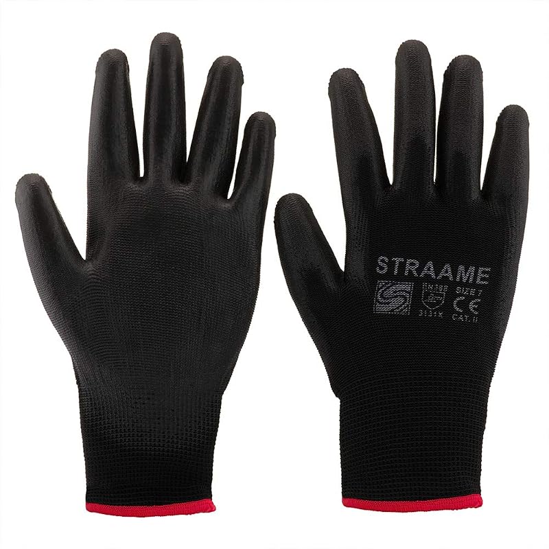 Straame Black Safety Work Gloves Pack 12 L PU Nylon Non-Slip Dexterity