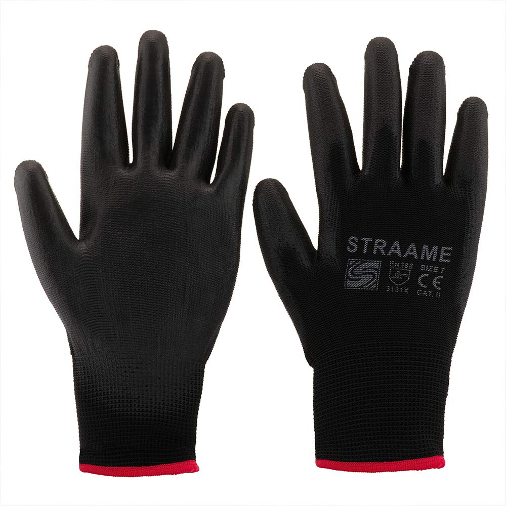 Straame Pack of 12 or 24 Black Safety Work Gloves, Outdoors PU and Nylon Non-Slip Work Handling Gloves, Good Dexterity Firm Grip Protective Working Gloves Size (Pack of 24 Pair's, L)