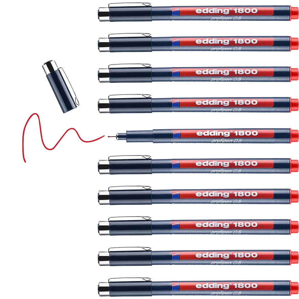 edding 1800 profipen - red - 10 pens - line width 0.5 mm - fineliner pen for precise writing, sketching and technical drawing - fine, metal-encased nib - suitable for use with rulers and stencils