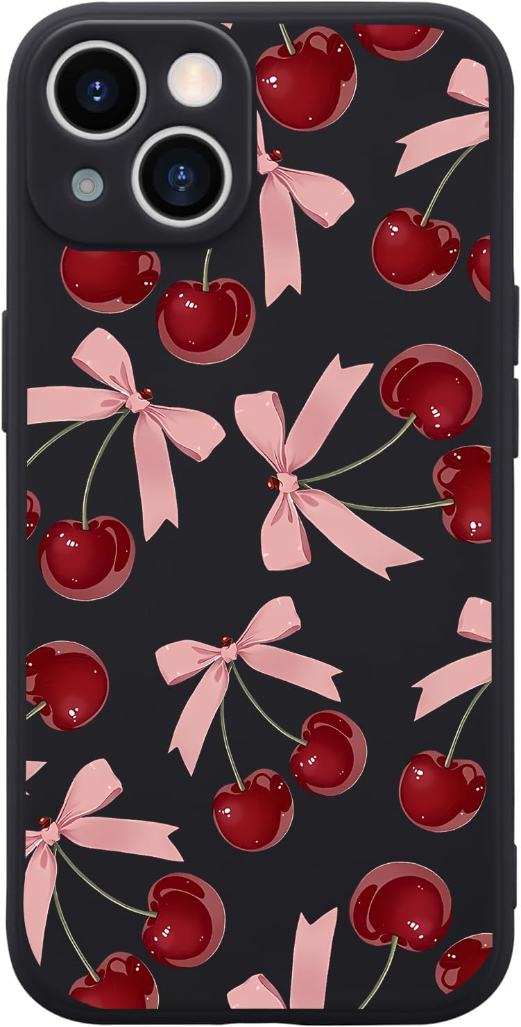 Houdqklee Cherry Phone Case for iPhone 16 Pro Max Case, Cute Bow Phone Case Cover Liquid Silicone Soft Gel Rubber Phone Cover with Microfiber Lining for iPhone 16 Pro Max