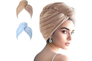 AGKXHDEC 2 Packs Single Layer Microfiber Hair Turbans - Drying Wrap for Women (Blue, Brown)
