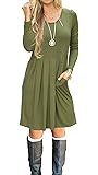 AUSELILY Women's Long Sleeve Pleated Loose Swing Casual Dress with Pockets Knee Length