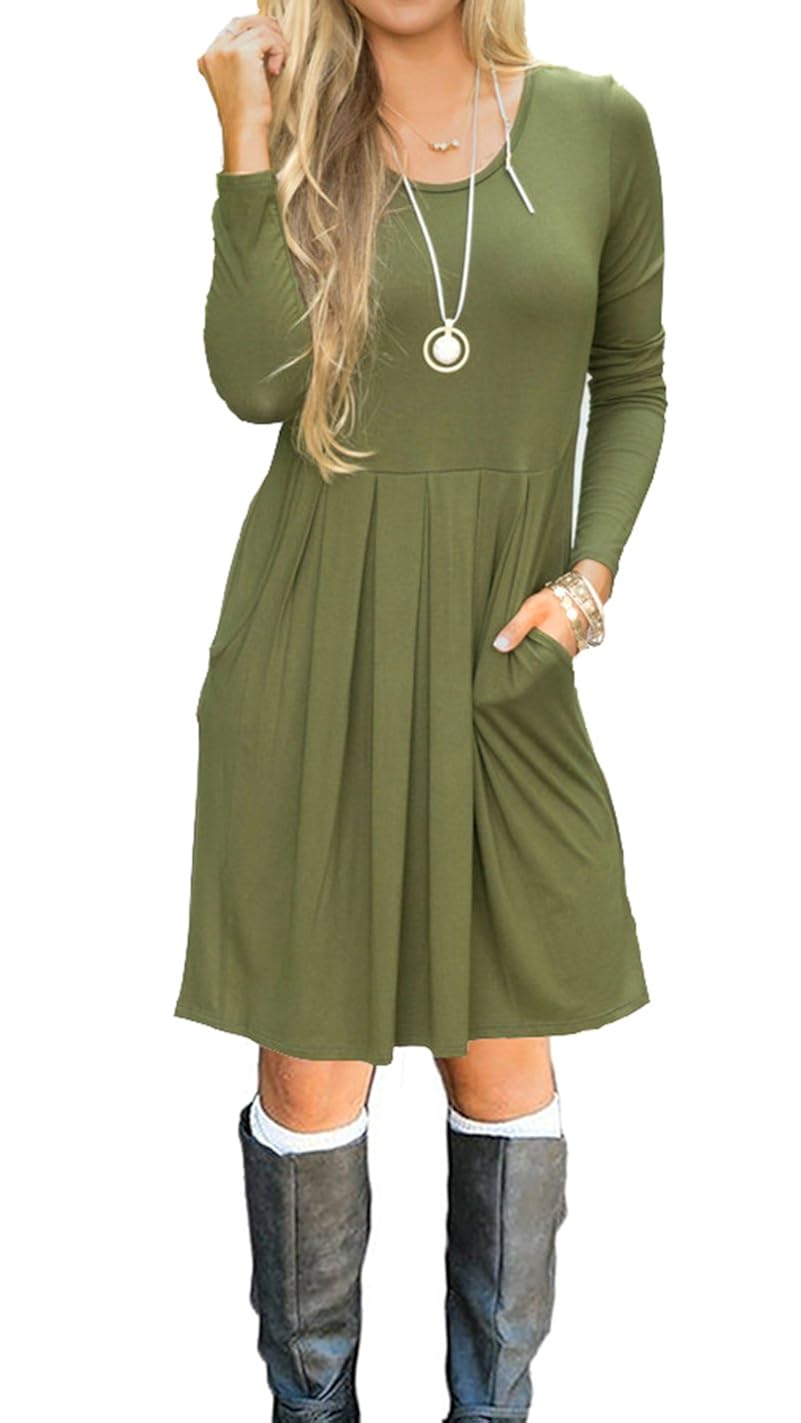 AUSELILY Women's Long Sleeve Pleated Loose Swing Casual Dress with Pockets Knee Length