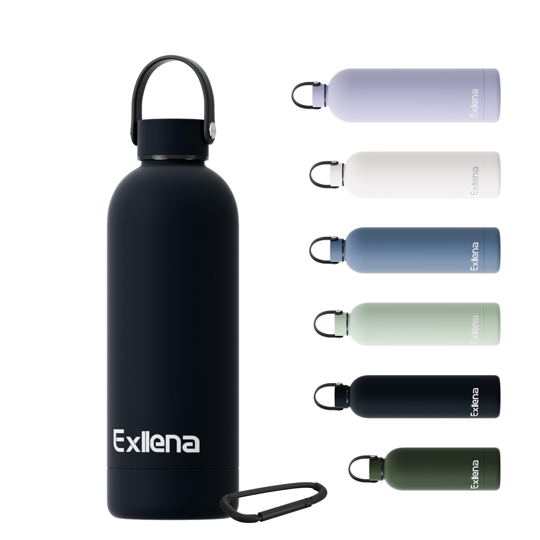 Exllena 500ml Water Bottles Metal with Handle Lid and Carabiner, Double Wall Vacuum Drinks Bottle Keeps Drinks Cold 24 Hrs/Hot 12 Hrs, Stainless Steel Water Bottle BPA Free(Black)